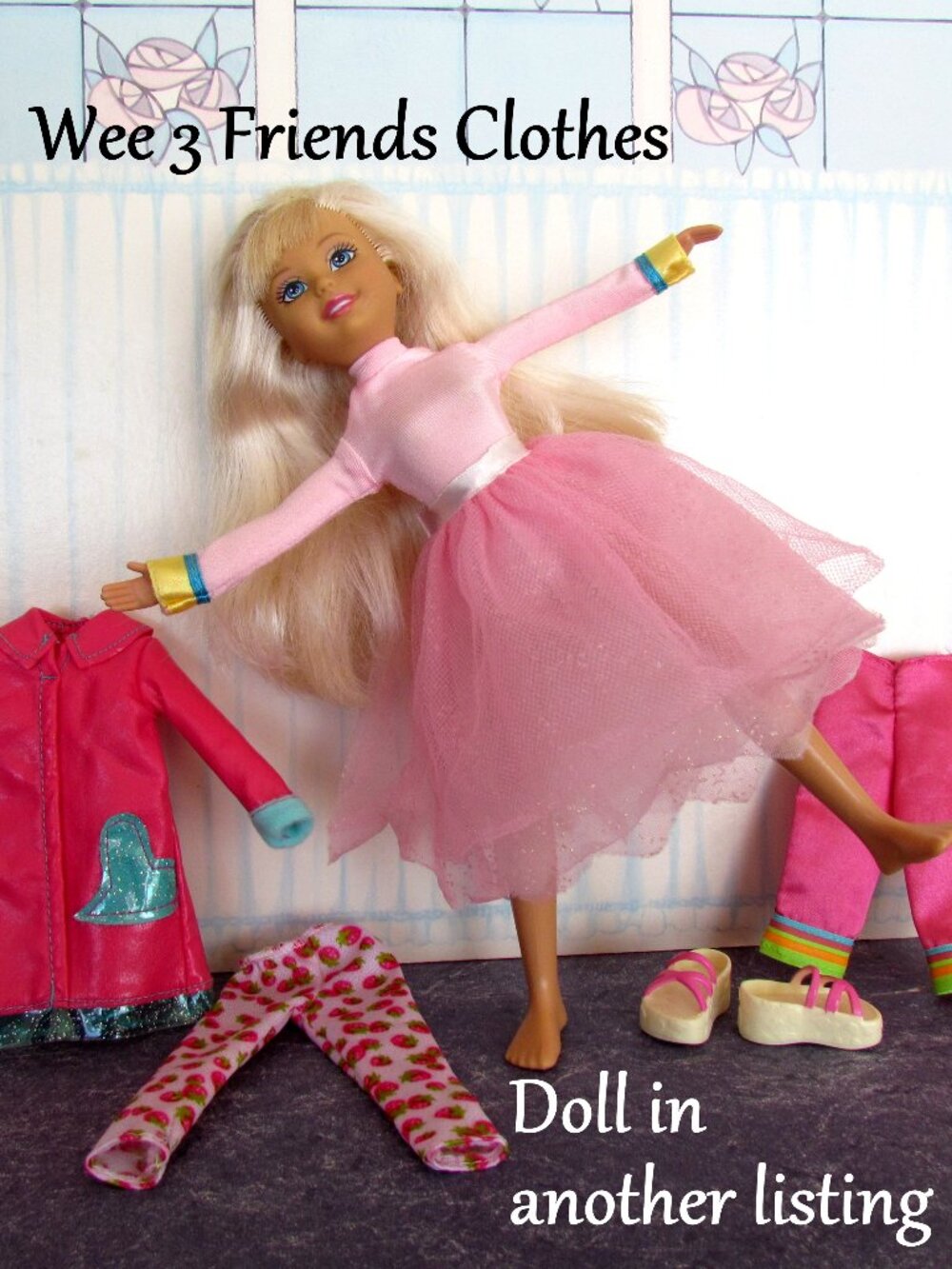 WEE 3 FRIENDS CLOTHES, PINK RAINCOAT, TUTU, TURTLENECK, VEST, LEGGINGS, SHOES +